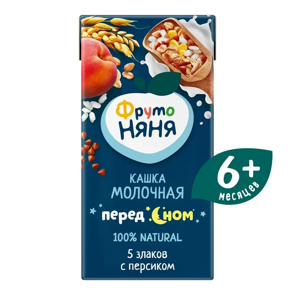 Каша мультизлаковая детская ФрутоНяня с 6 месяцев, 5 злаков с персиком , молочная, жидкая, 200 мл