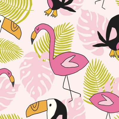 летний тропический паттерн с фламинго и туканом на розовом фоне
