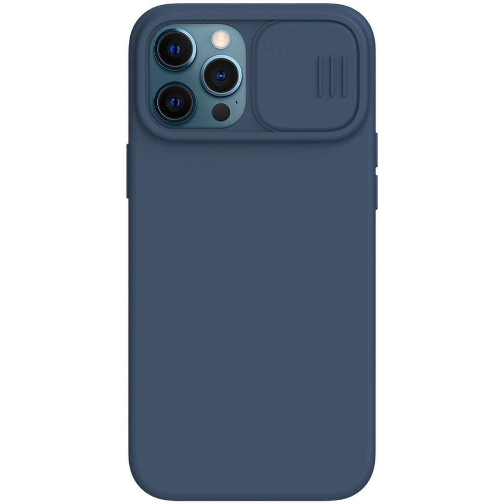 Чехол синего цвета от Nillkin для iPhone 12 Pro Max, мягкое шелковистое покрытие силикона, серия CamShield Silky Magnetic Silicone c поддержкой беспроводной зарядки MagSafe