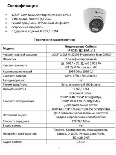 Видеокамера Optimus IP-E022.1(2.8)M_V.1