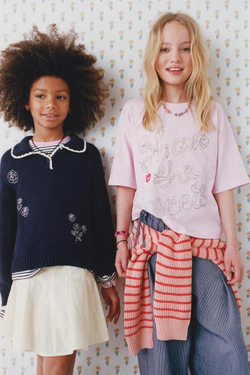 ZARA ВЯЗАНЫЙ СВИТЕР С ВОРОТНИКОМ-БАНТОМ И ВЫШИТЫМИ ЦВЕТАМИ, СИНИЙ