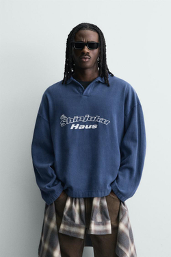 ZARA ПОЛО С ВЫШИВКОЙ, СЕРО-СИНИЙ