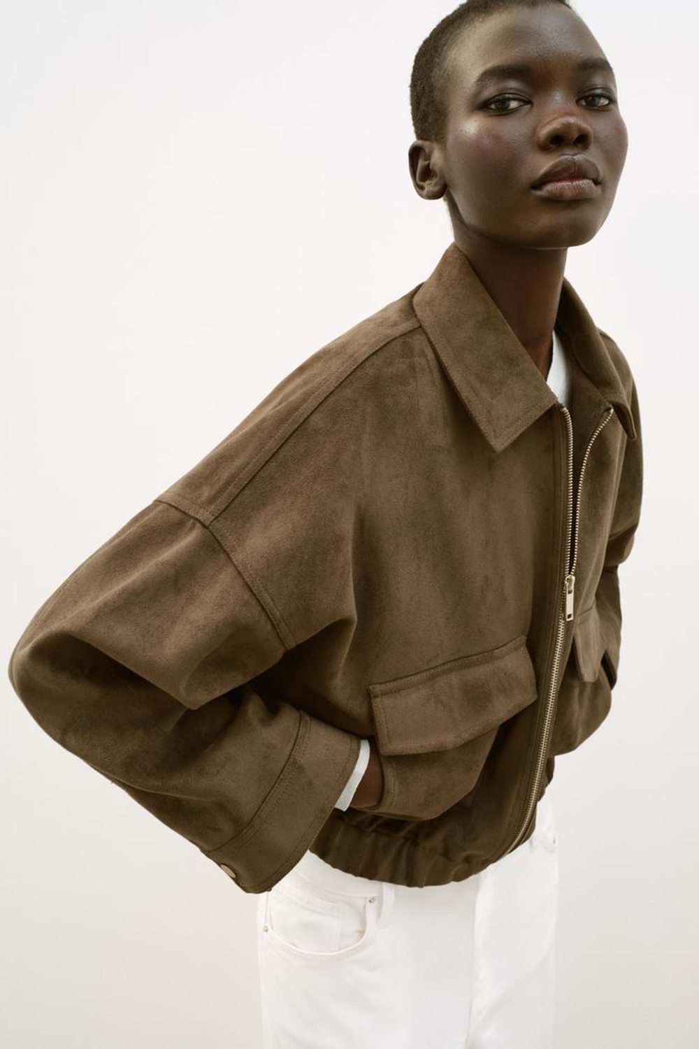 ZARA КУРТКА ИЗ ИСКУССТВЕННОЙ ЗАМШИ, ТЕМНЫЙ ХАКИ