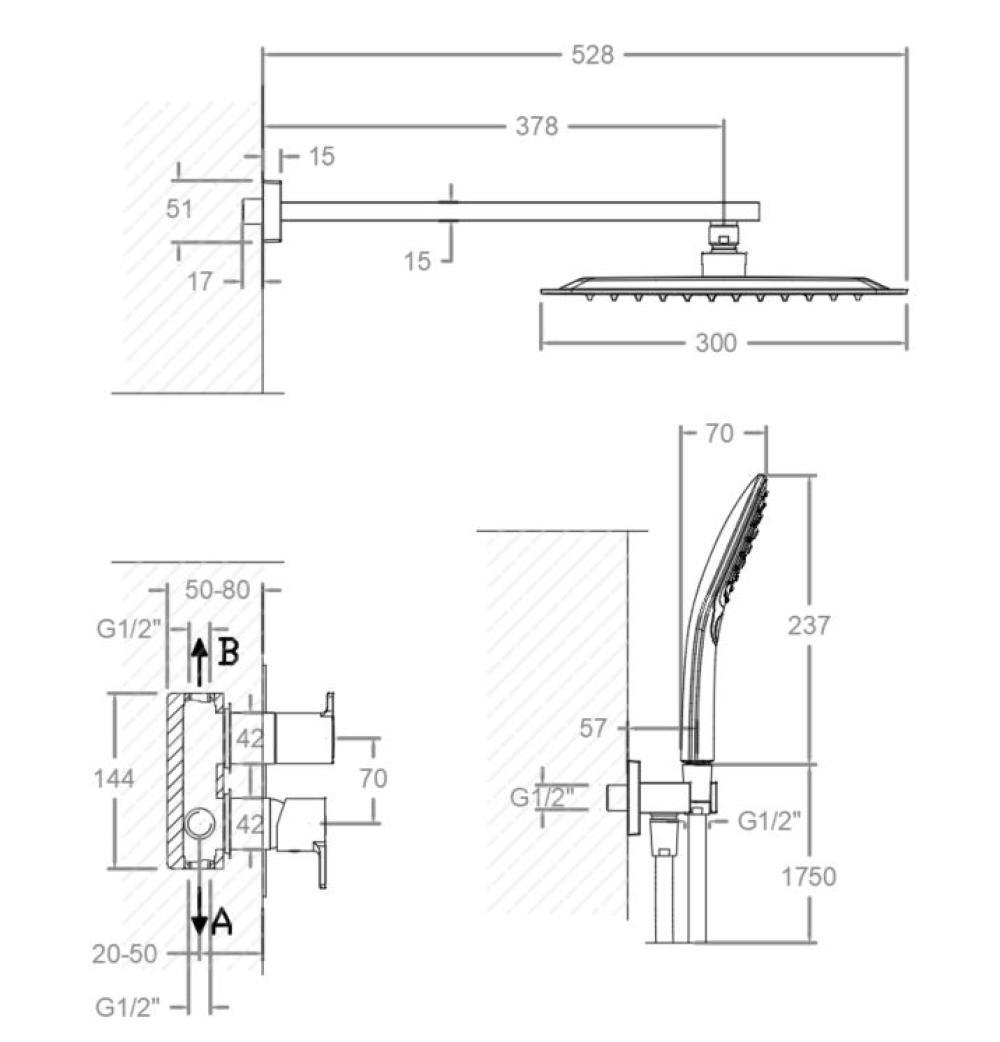 Встраиваемый смеситель для душа с изливом, тропическим и ручным душем BLAUTHERM941512RPK300NM черный