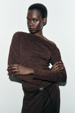 ZARA БРЮКИ-ПИКЕ С ПОЯСОМ, ТЕМНО-КОРИЧНЕВЫЙ