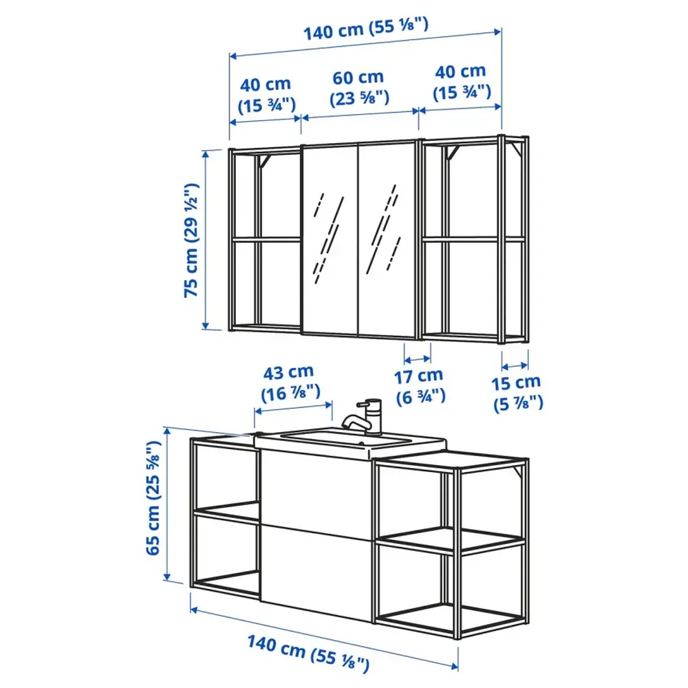 Комбинация для ванной - IKEA ENHET, 140х43х65 см, белый/антрацит, ЭНХЕТ ИКЕА