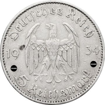 5 рейхсмарок 1934 Германия (Третий Рейх) "J" «Годовщина нацистского режима — Гарнизонная церковь в Постдаме» 