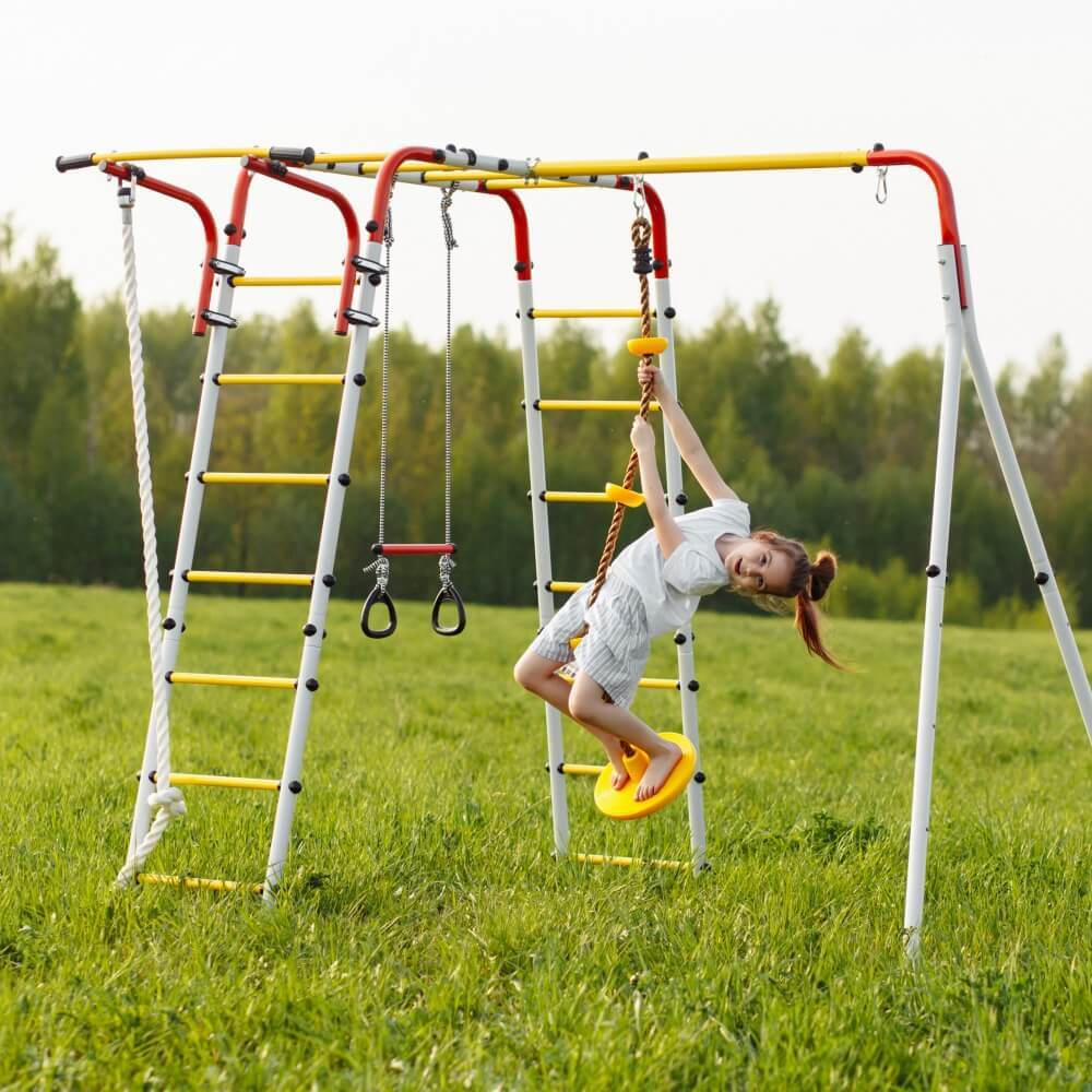 Детский спортивный комплекс для дачи ROMANA Веселая лужайка - 2 (красный/желтый/белый) (с детскими качелями)