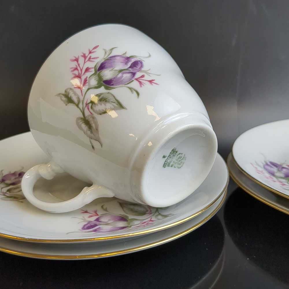 Чайные пары набор на 4 персоны фарфор, изящные цветы, Wloclawek porcelana, золочение, винтаж Польша, времён СССР 1967-1973 гг