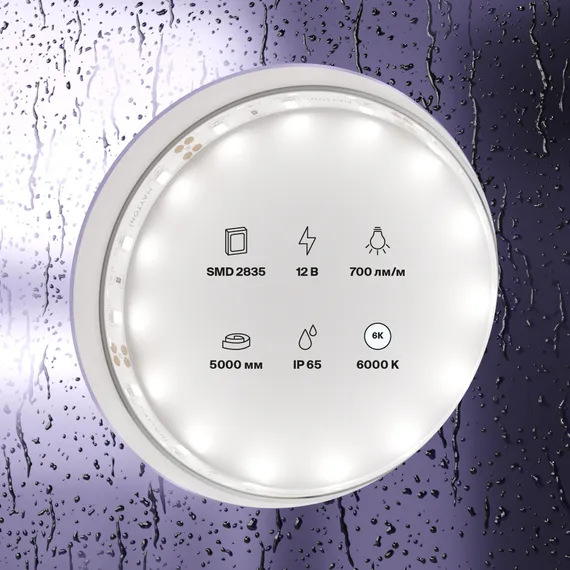 Светодиодная лента 12В 2835 7,2Вт/м 6000K 5м IP65 Led Strip 20006
