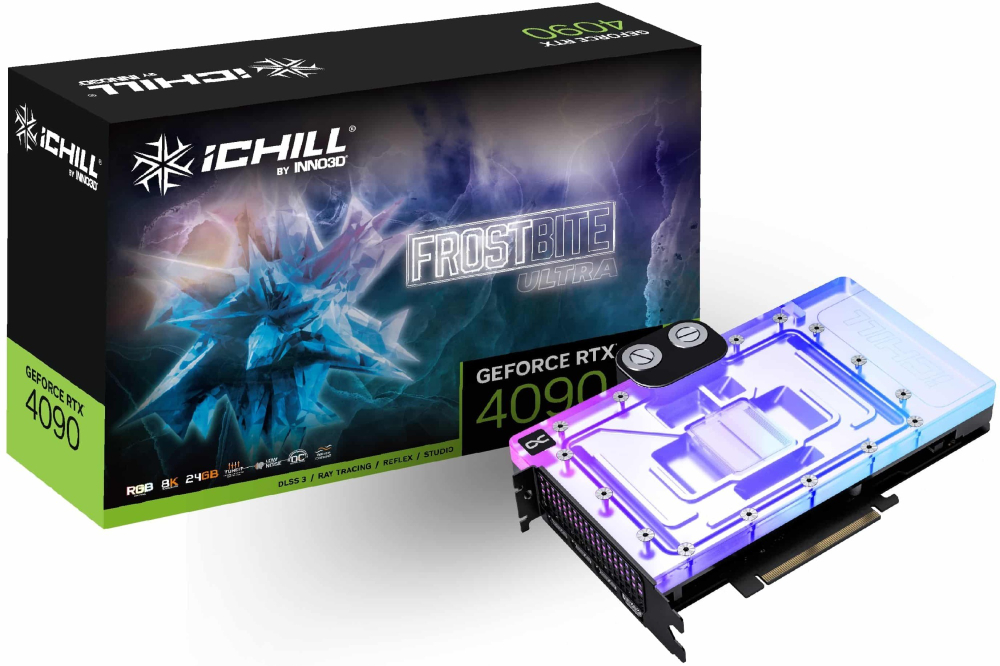 Видеокарта Inno3D GeForce RTX 4090 ICHILL FROSTBITE ULTRA (C4090-246XX-1833FBU) [24 ГБ, GDDR6X, 384 бит, 2235, 2595, HDMI, DisplayPort (3 шт)]