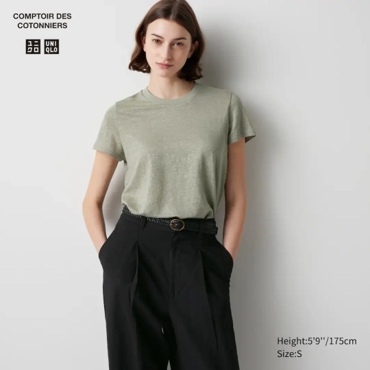 UNIQLO ФУТБОЛКА С КРУГЛЫМ ВЫРЕЗОМ И КОРОТКИМИ РУКАВАМИ, ОЛИВКОВЫЙ