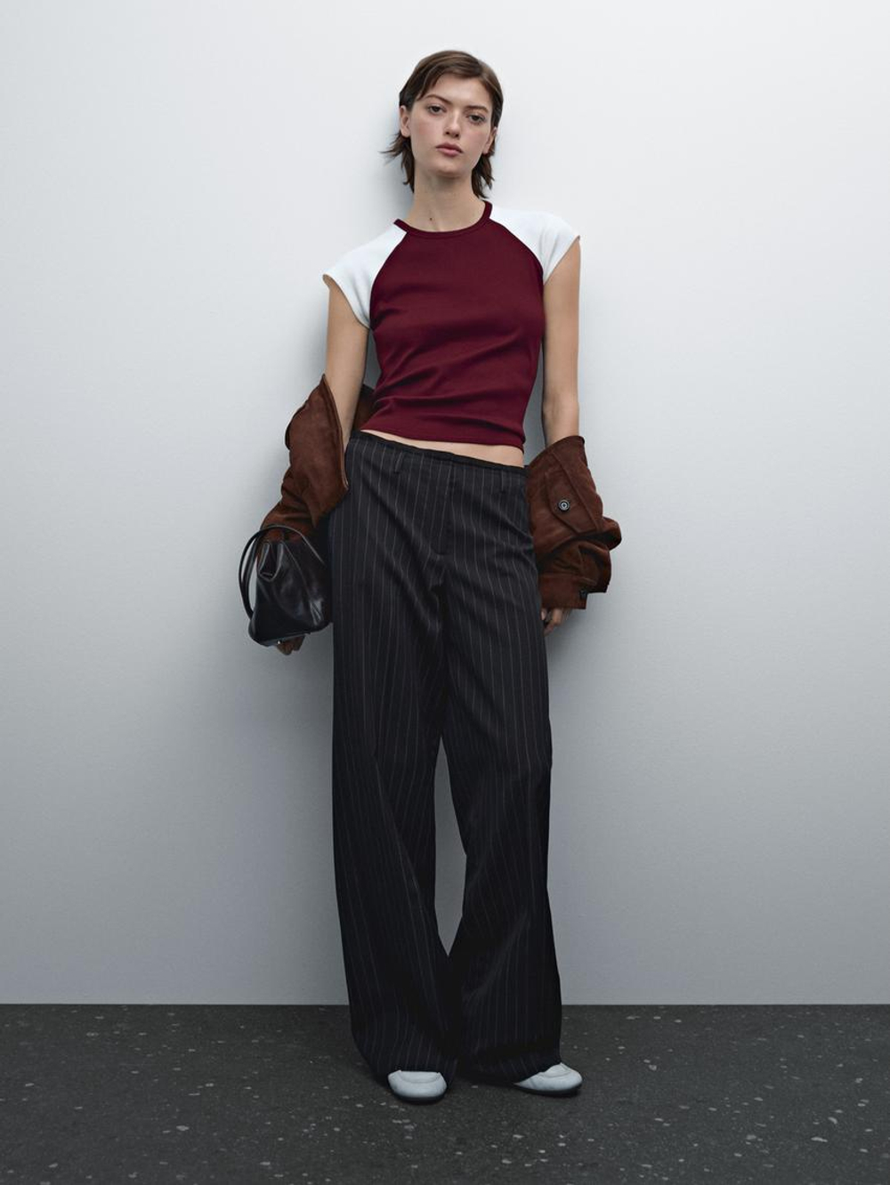 Massimo Dutti Хлопковый топ в рубчик без рукавов, гранатовый