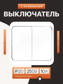 Выключатель накладной двухклавишный белый (1шт)