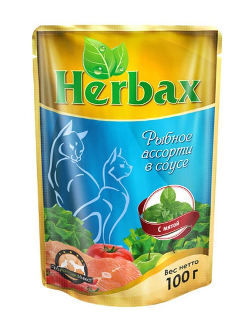 Влажный кром Herbax для взрослых кошек, рыбное ассорти в соусе с мятой, 100 г