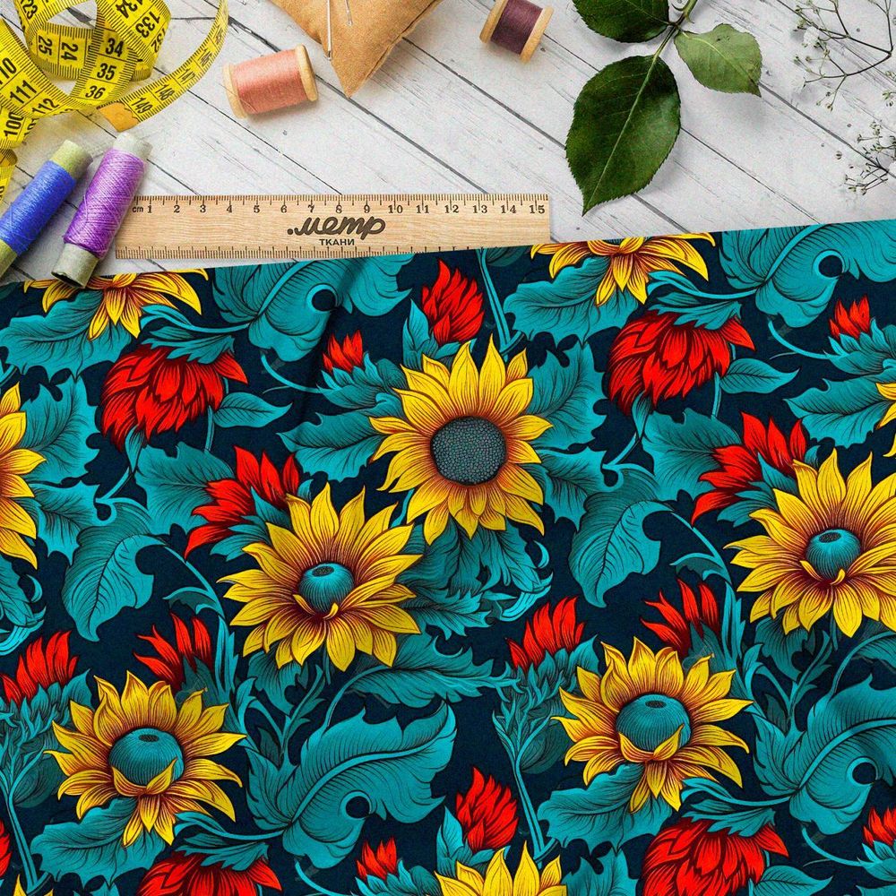 Ткань премиум габардин ночные подсолнухи