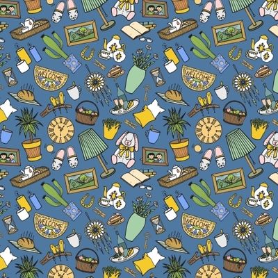 ПРЕДМЕТЫ УЮТНОГО ИНТЕРЬЕРА НА СИНЕМ ФОНЕ