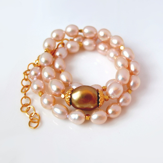 Бусы из розового жемчуга с удлиняющей цепочкой, премиальное золочение