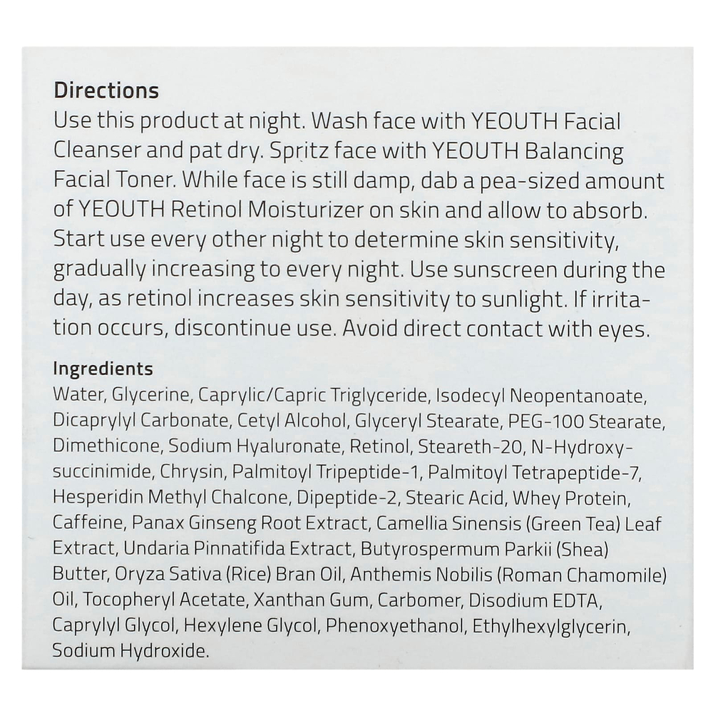YEOUTH, увлажняющий крем с ретинолом, гиалуроновой кислотой, женьшенем, зеленым чаем, 60 мл (2 жидк. унции)
