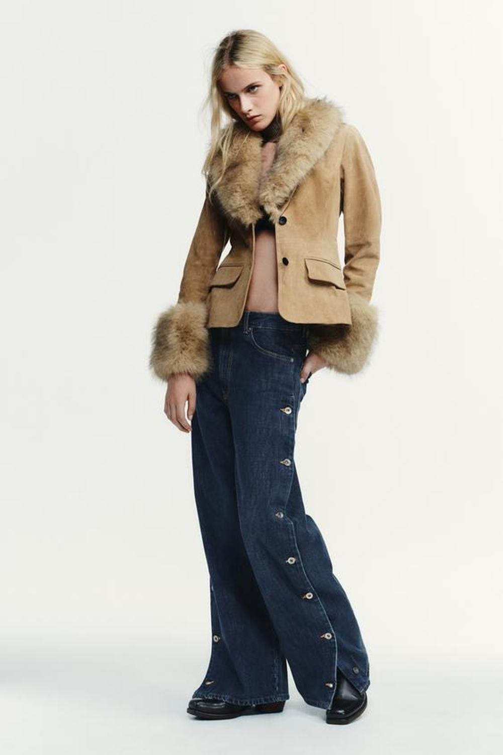 ZARA ДЖИНСЫ TRF BAGGY СО СРЕДНЕЙ ПОСАДКОЙ И ПУГОВИЦАМИ, СИНИЙ