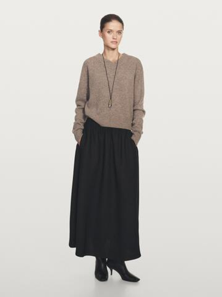 Massimo Dutti Расклешенная юбка миди с эластичным поясом, черный