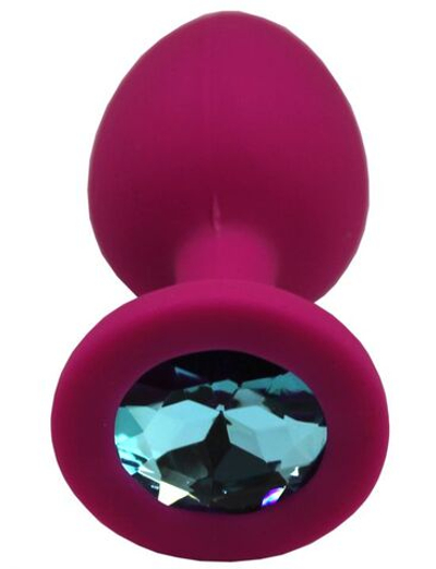 Малиновая анальная пробка с голубым кристаллом - 7,4 см. (Цвет: голубой)