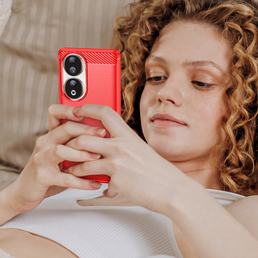 Мягкий чехол красного цвета с дизайном в стиле карбон для смартфона Honor 90, серия Carbon от Caseport