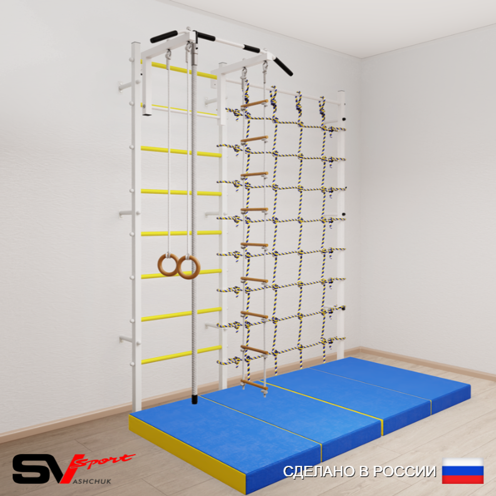 Шведская стенка Sv Sport усиленная 60240 (Турник стандарт/Канат/Кольца/Лестница/Мат 2м/Канатный лаз)