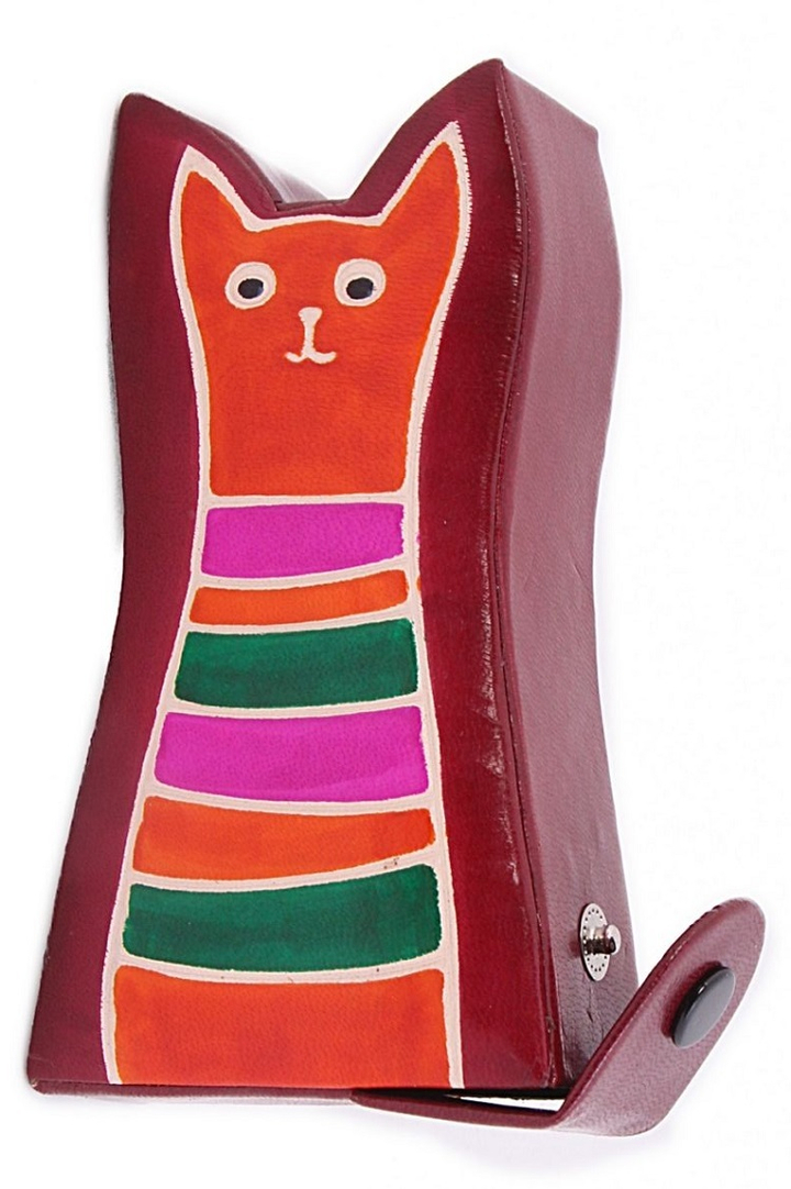 Копилка под мелочь "Кошка", цвет бордовый, оранжевый кот, полосы, натуральная кожа ручной принт