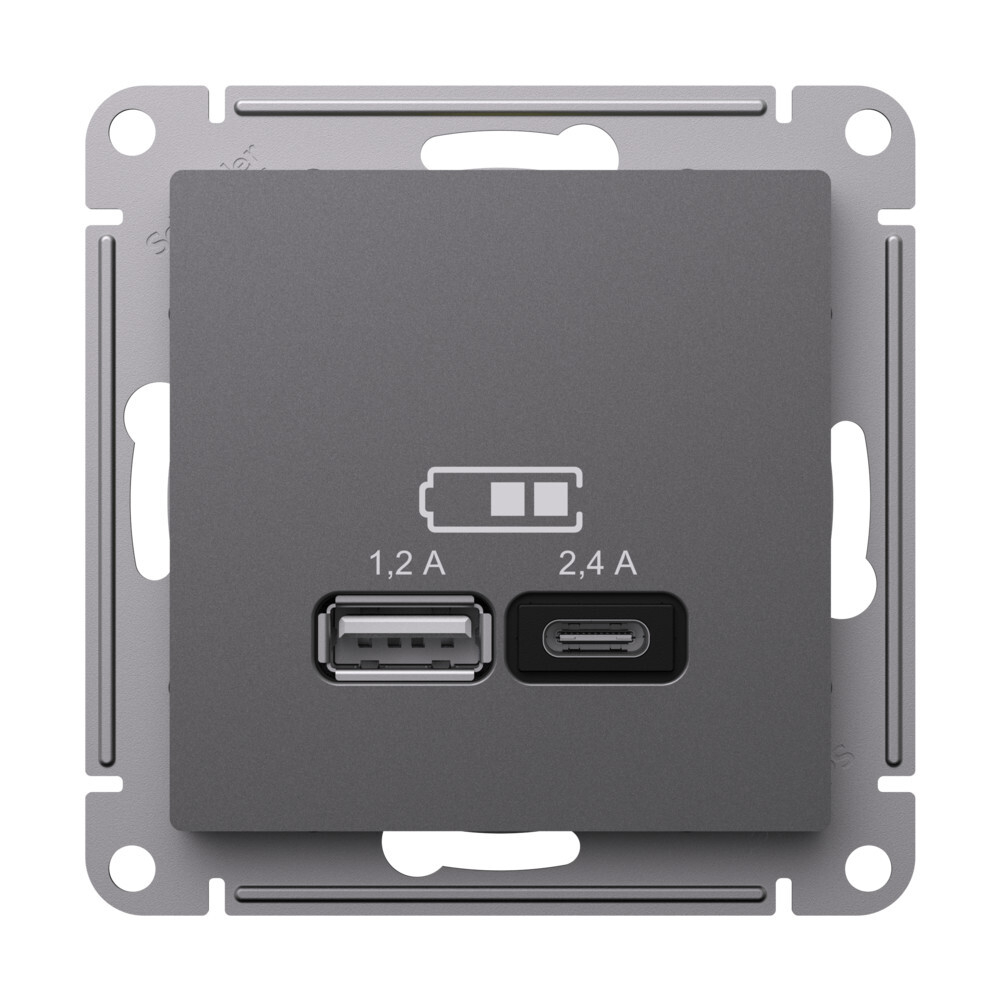 ATLASDESIGN USB РОЗЕТКА A+С, 5В/2,4А, 2х5В/1,2А, механизм, БАЗАЛЬТ