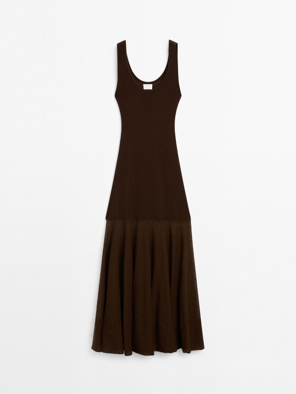 Massimo Dutti Трикотажное платье из смеси хлопка и шелка - Studio, коричневый