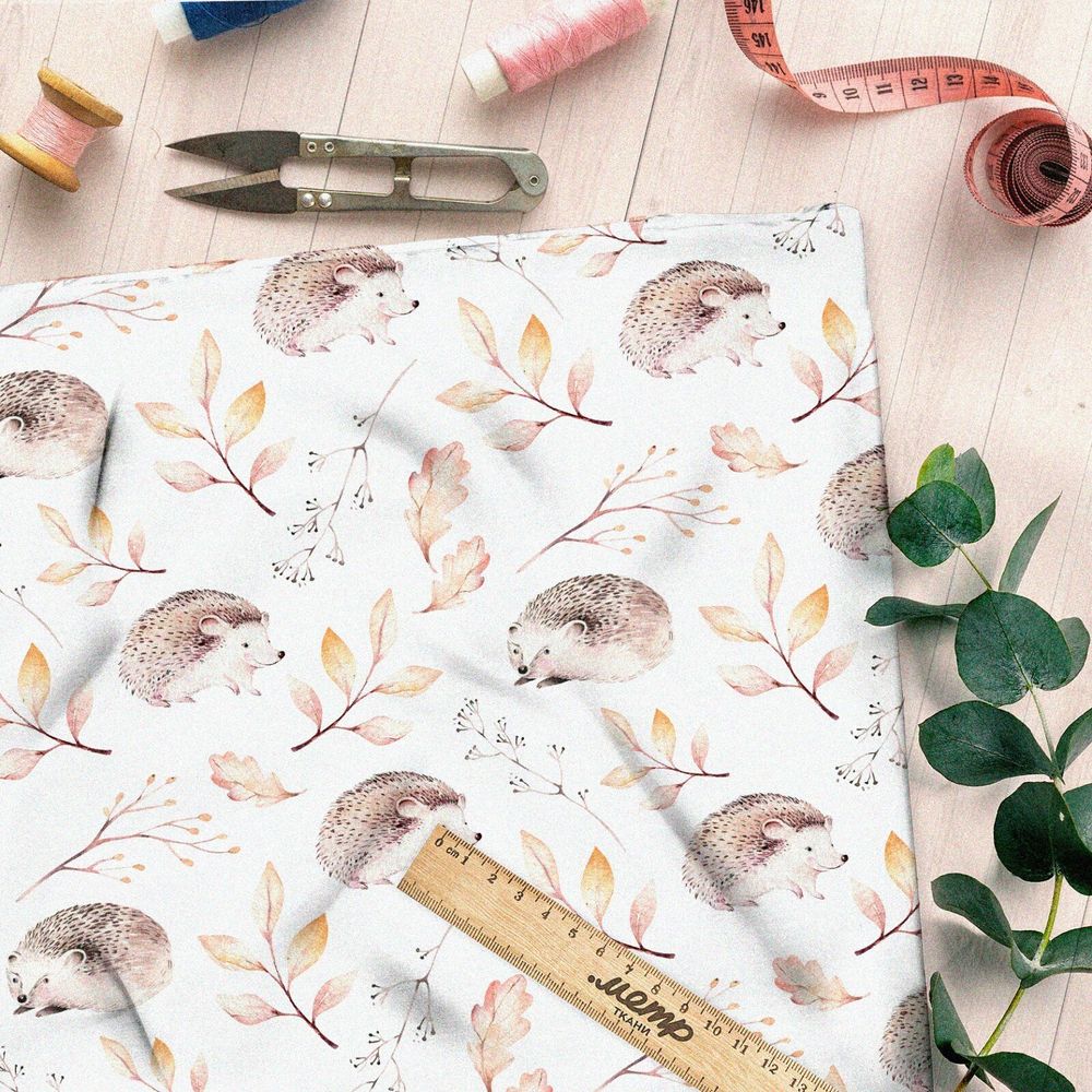 Ткань сатин ёжик с осенними листьями