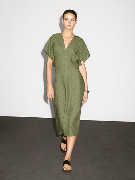 Massimo Dutti Льняное платье миди с короткими рукавами, зеленый