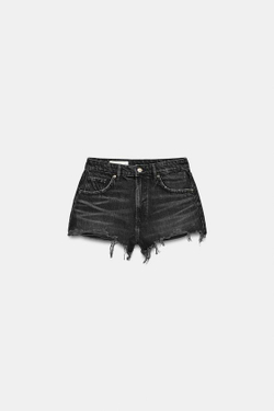 ZARA ДЖИНСОВЫЕ ШОРТЫ TRF С ВЫСОКОЙ ПОСАДКОЙ И РАЗРЫВАМИ, ЧЕРНЫЙ