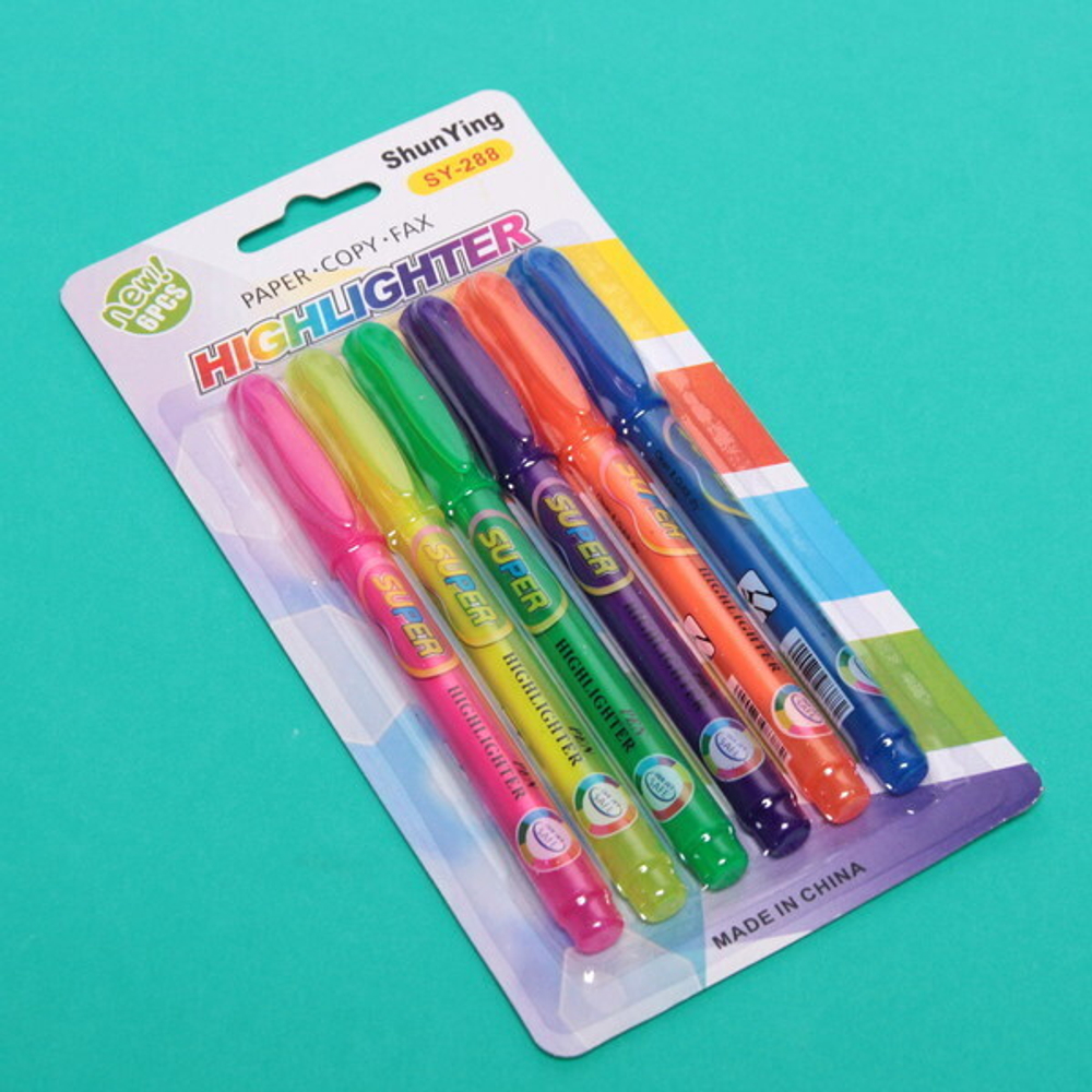 Маркер текстовыделитель, со скошенным концом 4 мм, 6 цветов, 13,5*1 см, упак, 10,5*20 см