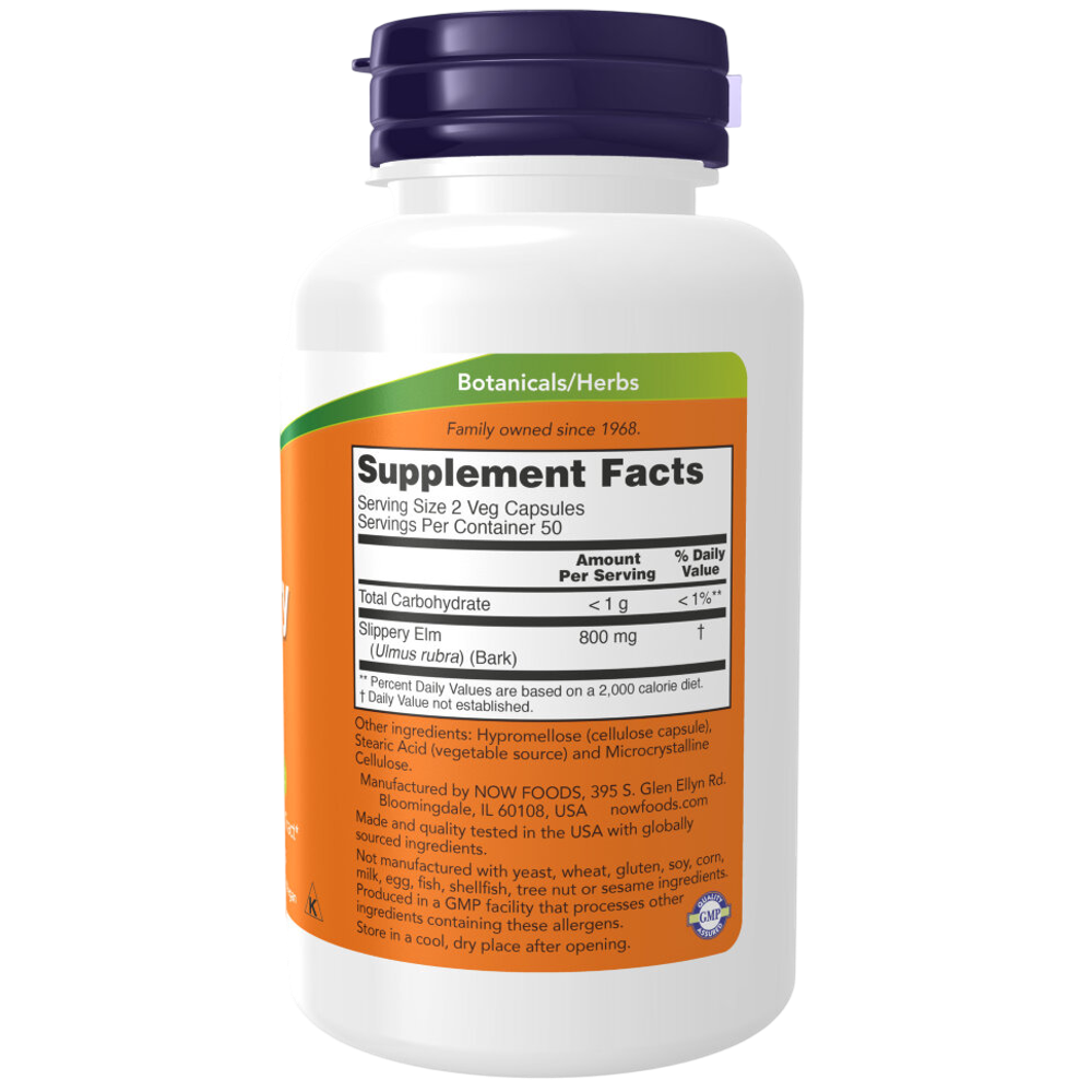 Now Foods Slippery Elm 400 mg 100 veg capsules, Экстракта коры скользкого вяза, Красный вяз