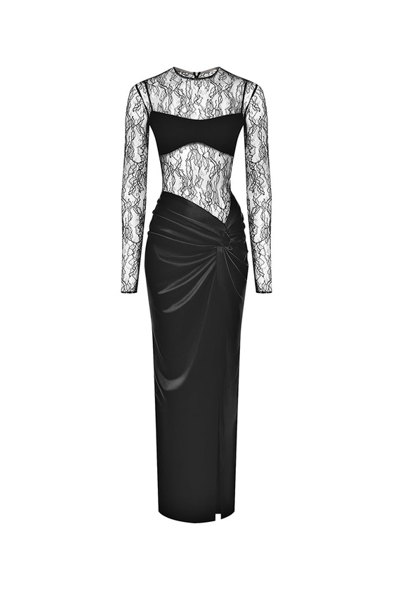 Платье макси драпированное из атласа и кружева с закрытым лифом