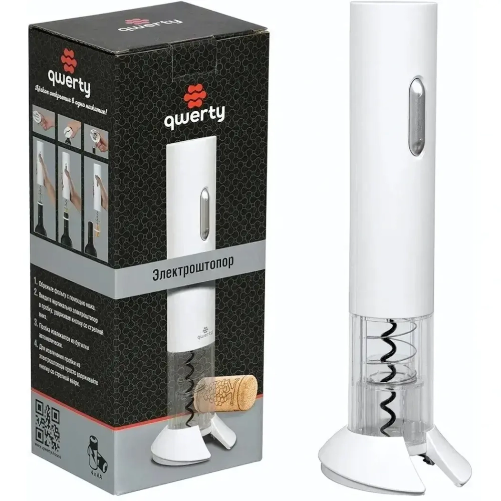 QWERTY Электроштопор, пластик, 4,5х23,4 см, на батарейках 4хАА (в комплект не входят), белый /30/15