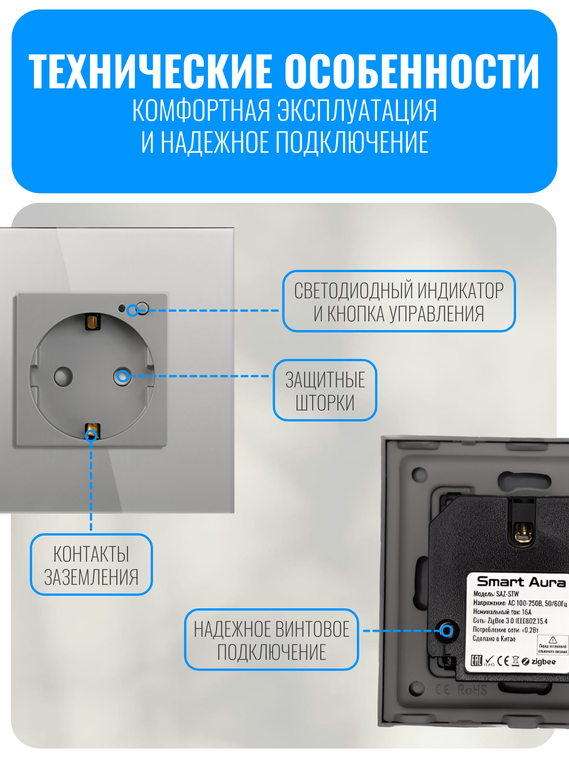 Умная ZigBee розетка с заземлением Smart Aura серия Classic с рамкой из стекла