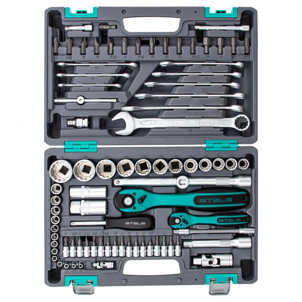 Набор инструментов 1/2", 1/4", CrV, 12 гранные головки, пластиковый кейс, 82 предмета Stels