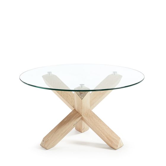 Стеклянный журнальный столик Brena Ø65 см на ножках из светлого дерева | La Forma