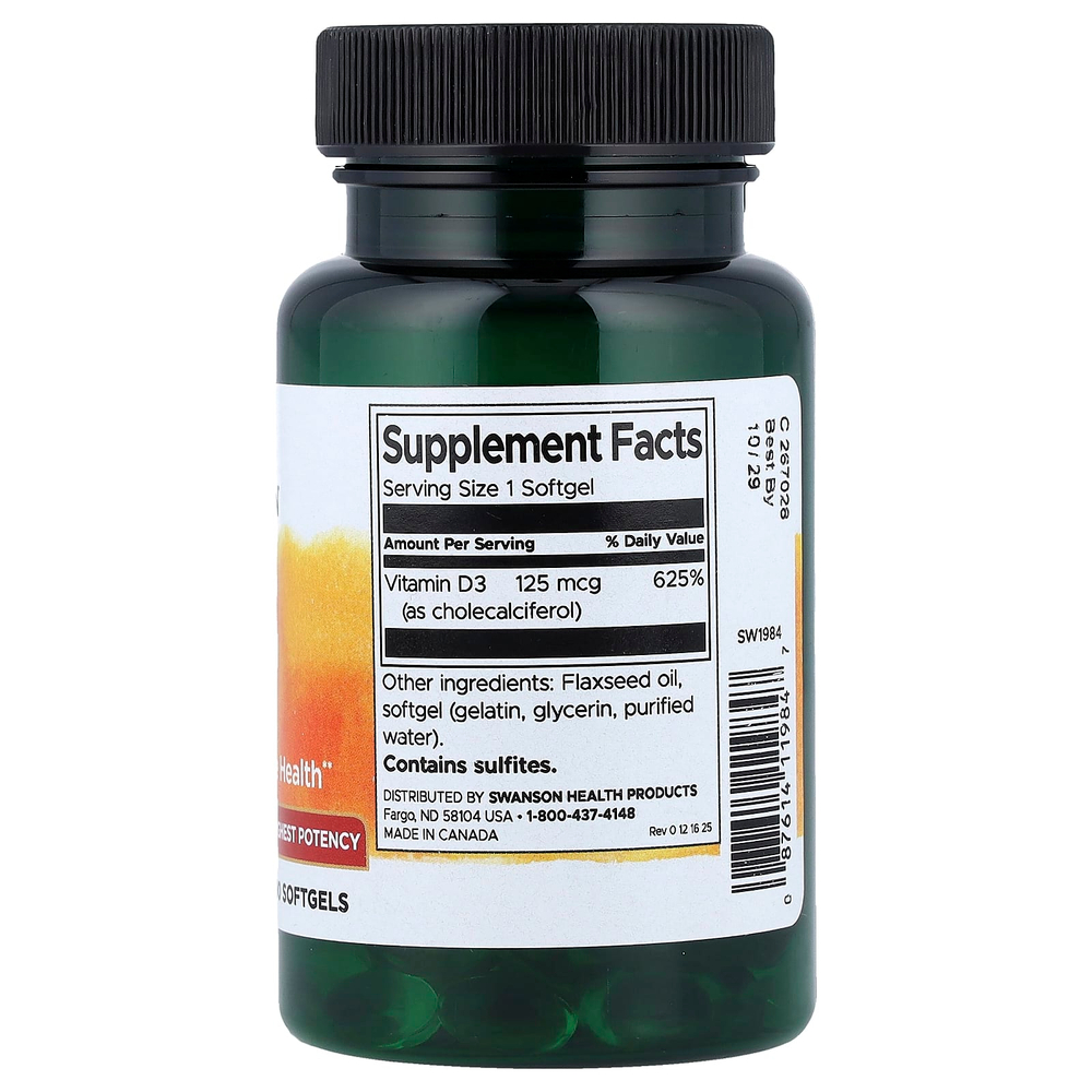 Swanson Vitamins, витамин D3, максимально высокоактивный, 125 мкг (5000 МЕ), 90 мягких таблеток