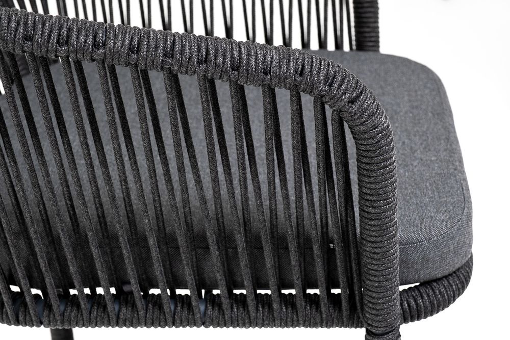 "Марсель" стул барный плетеный из роупа, каркас из стали темно-серый (RAL7024) муар, роуп темно-серый круглый, ткань темно-серая 027