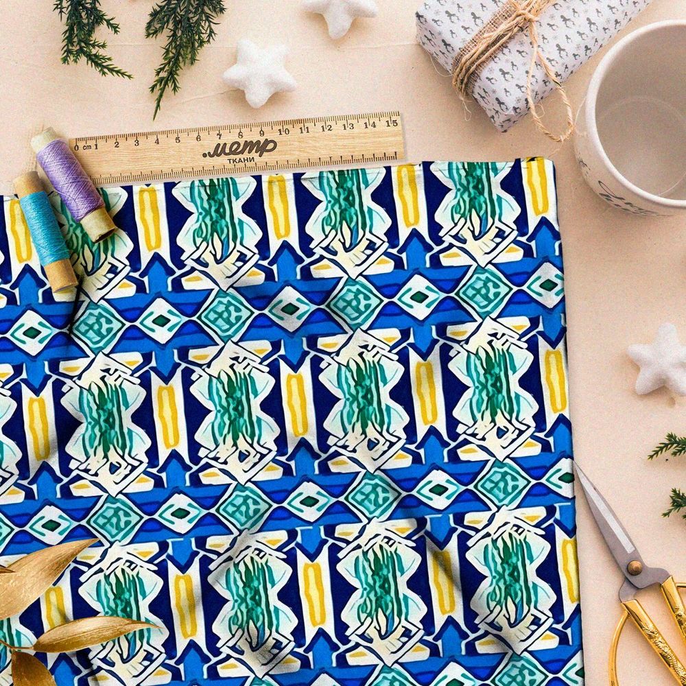 Ткань премиум интерлок этническая мозаика