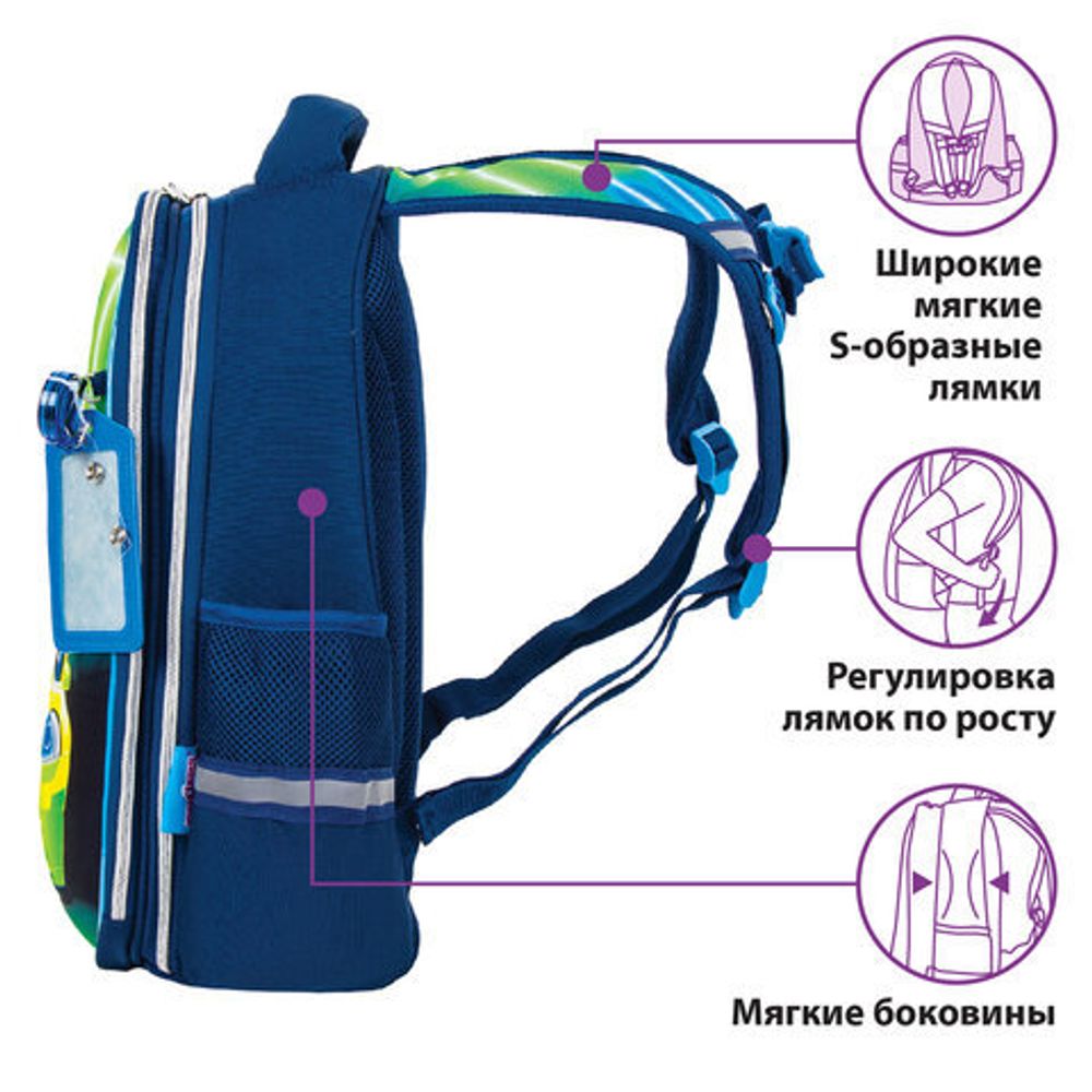 Ранец ЮНЛАНДИЯ LIGHT, 2 отделения, "Neon car", 3D панель, 38х29х16 см, 229917