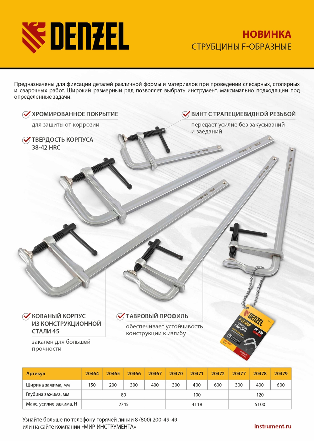 Струбцина F-образная, 80x150мм, кованая Denzel