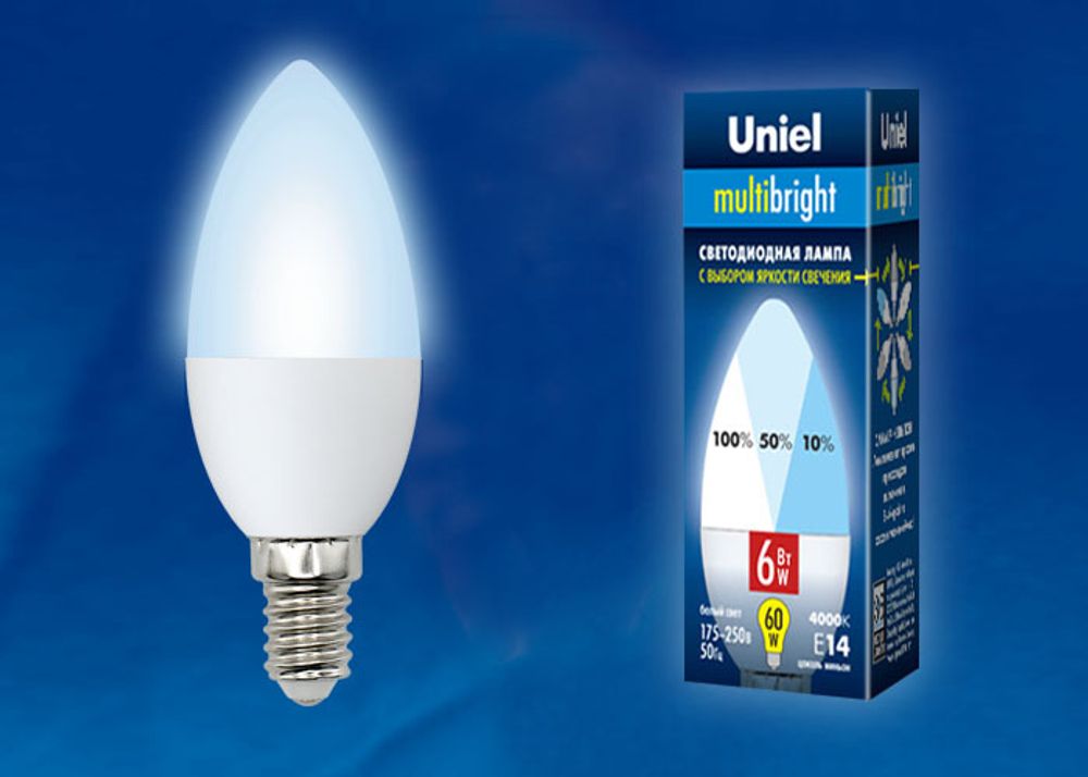 LED-C37-6W/NW/E14/FR/MB PLM11WH Лампа светодиодная. Форма «свеча», матовая. Серия Multibright. Белый свет (4000K). 100-50-10. Картон. ТМ Uniel.