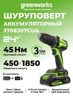 Дрель-шуруповерт акк. Greenworks DD345, 24V, б/щет, 27/45 Нм,13мм,1х2Ач,ЗУ,кор (3708307CUA)
