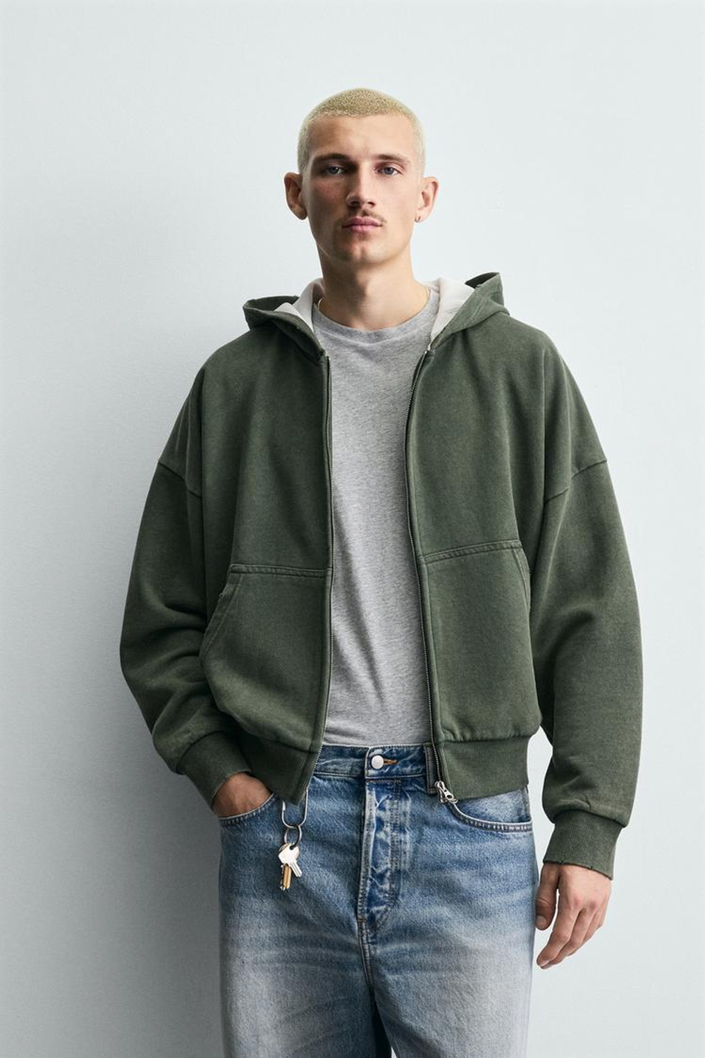 ZARA КОМБИНИРОВАННАЯ ХУДИ ВАФЕЛЬНОЙ СТРУКТУРЫ С КАПЮШОНОМ, ХАКИ