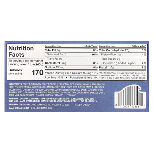 Laird Superfood, Протеиновый батончик + адаптогены, голубика и подсолнечное масло, 10 батончиков по 45 г (1,6 унции)